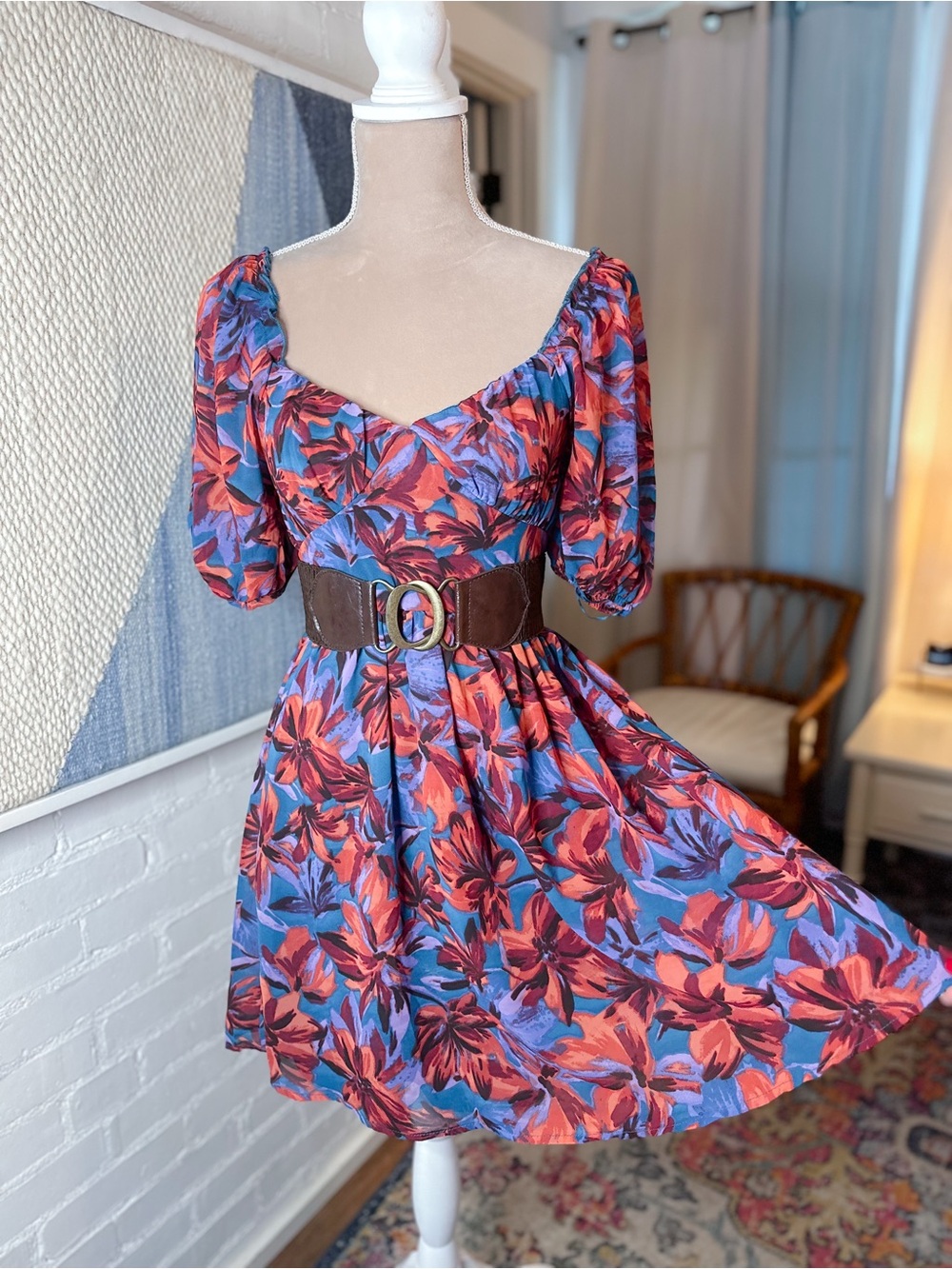 Jessica Simpson Blue and Burgundy Floral Puff Sleeve Dress